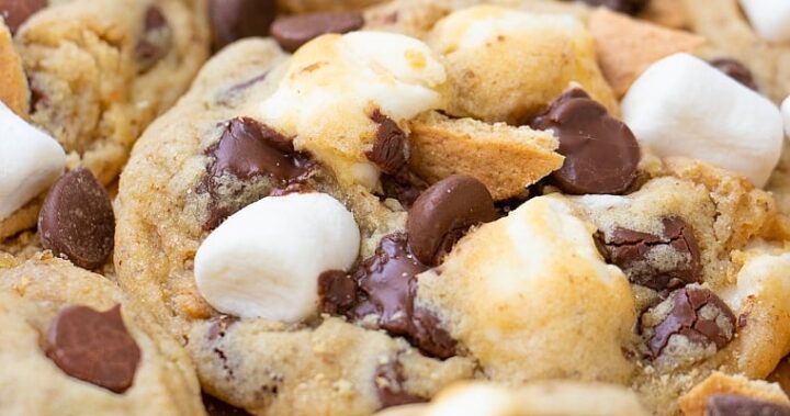 Cookies topped with marshmallows, chocolate and graham crackers.