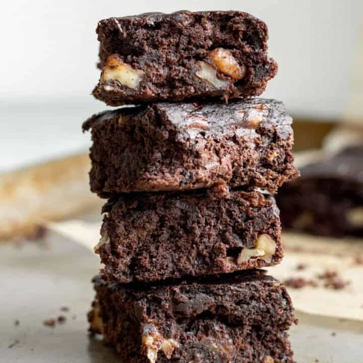 A stack of four banana brownies.