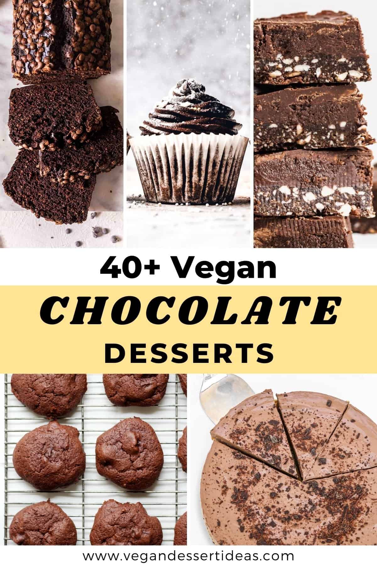 Cake, muffin, bars, cookies and a tart "40+  vegan chocolate desserts".