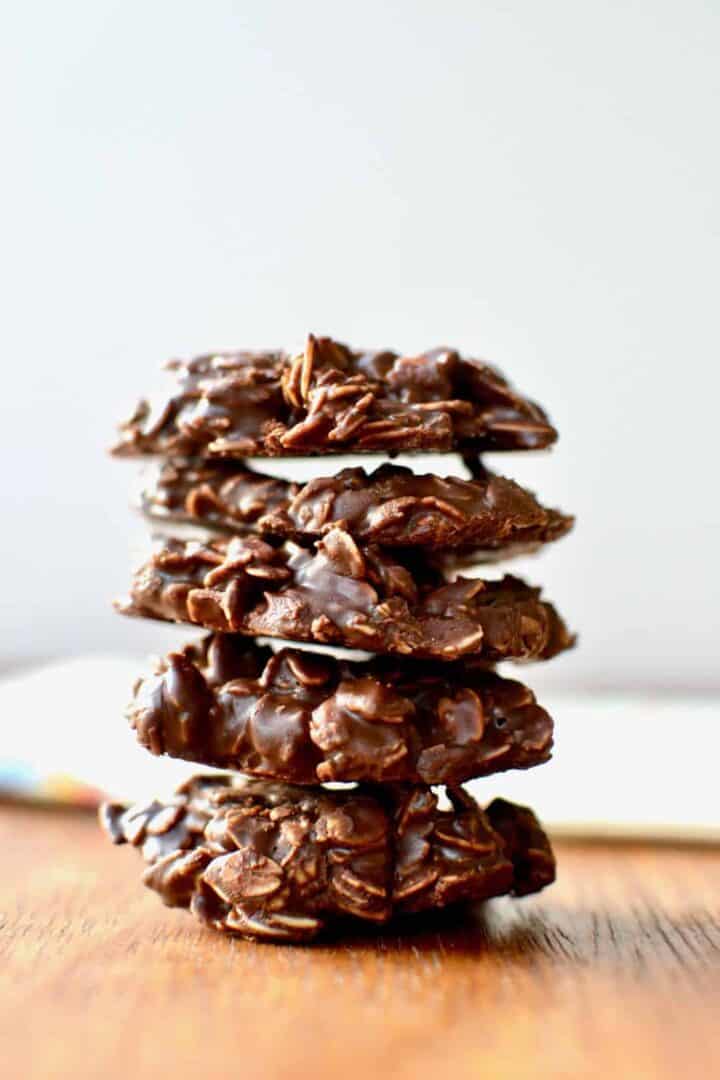 A stack of five no bake chocolate cookies.