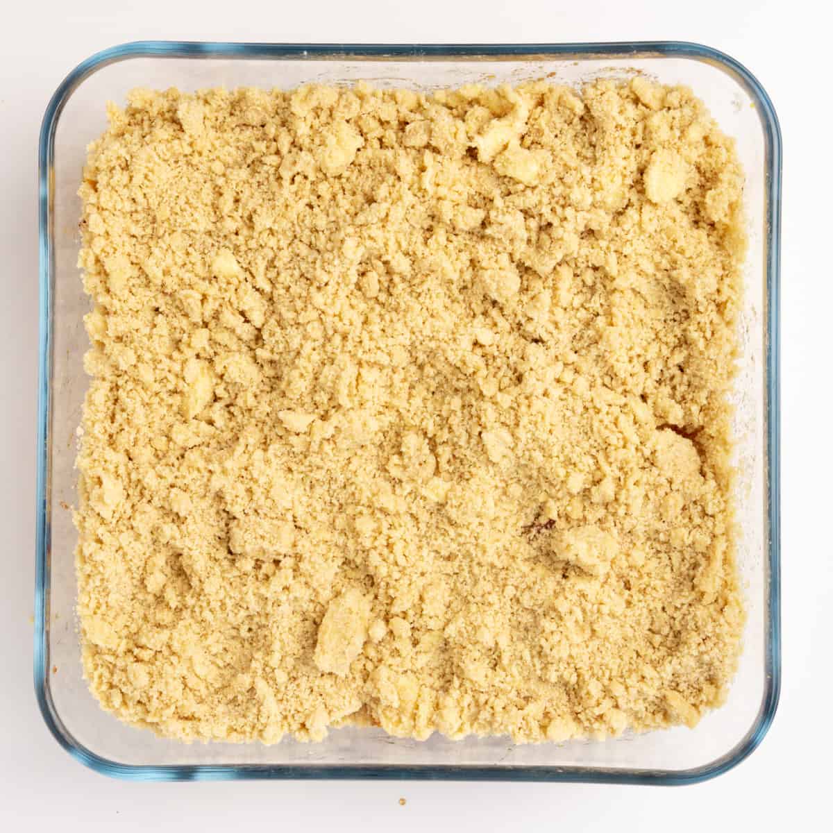 Crumble in a dish ready to bake.
