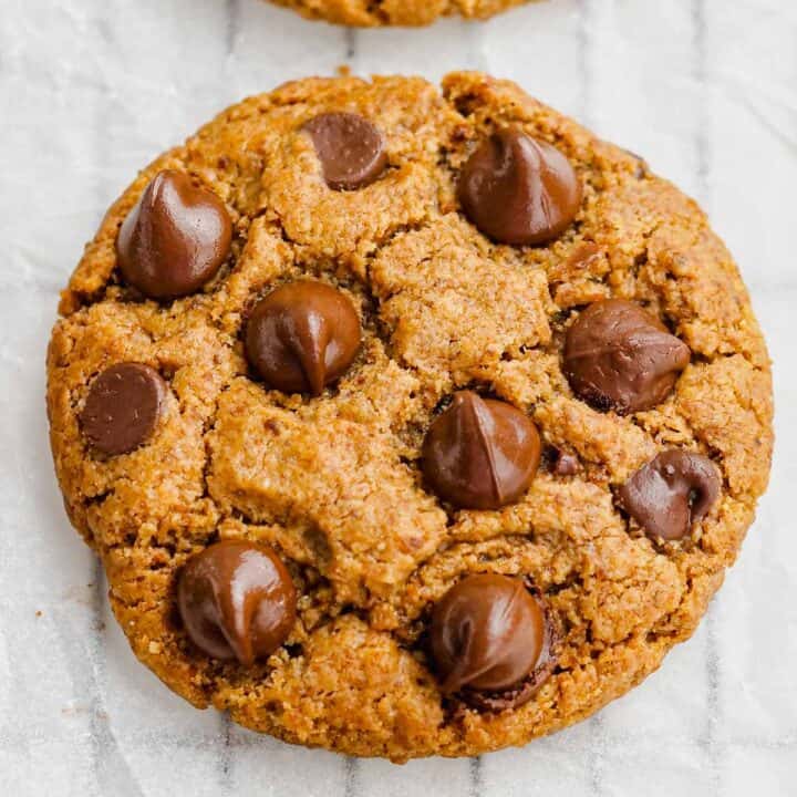A gluten-free cookie with large chocolate chips in.