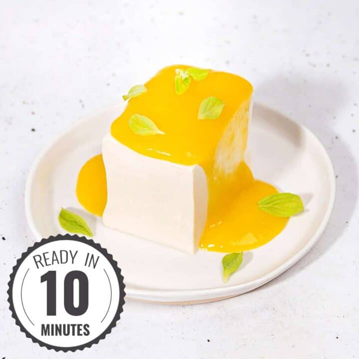 A block of silken tofu covered in mango sauce.