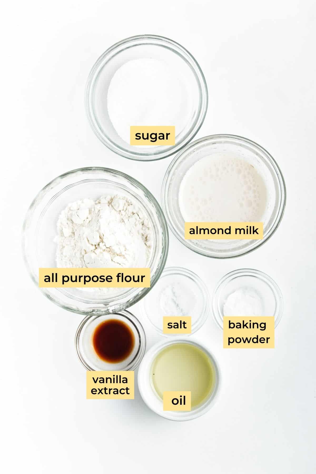 Vanilla mug cake ingredients: sugar, all purpose flour, almond milk, vanilla extract, oil, baking powder and salt.