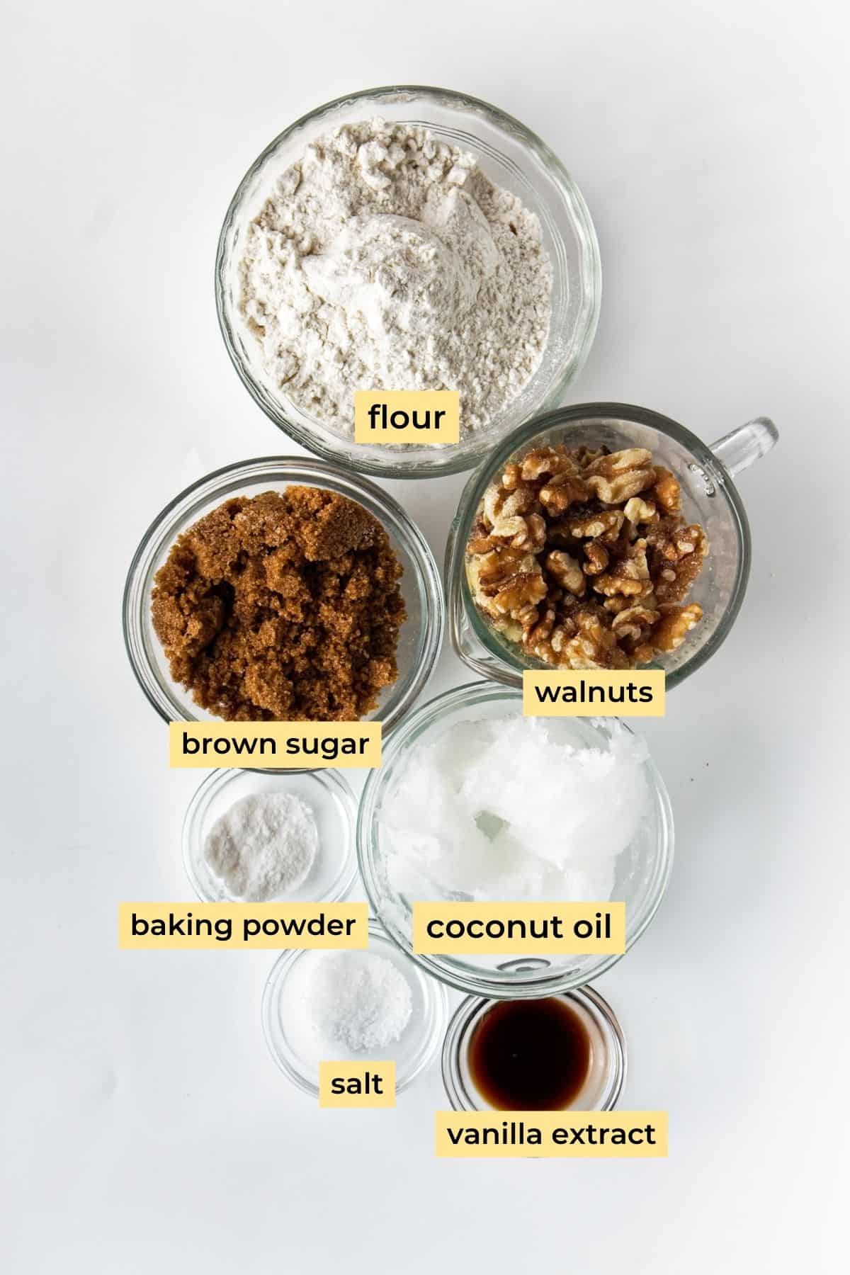 Walnut shortbreads ingredients: flour, brown sugar, walnuts, baking powder, coconut oil, salt, vanilla extract.