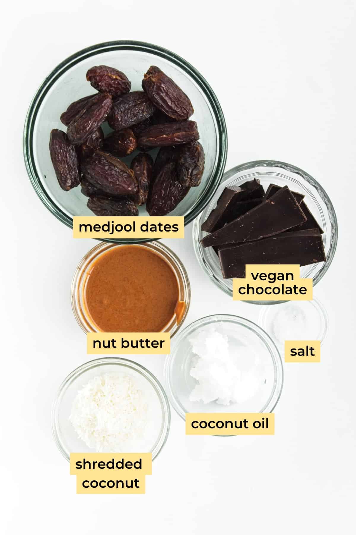 Ingredients: medjool dates, vegan chocolate, nut butter, salt, coconut oil and shredded coconut.