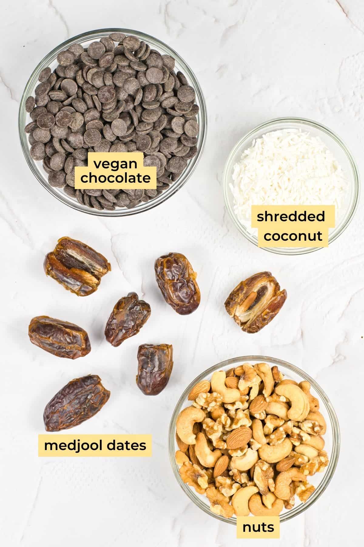 Ingredients: vegan chocolate, shredded coconut, medjool dates and nuts. 