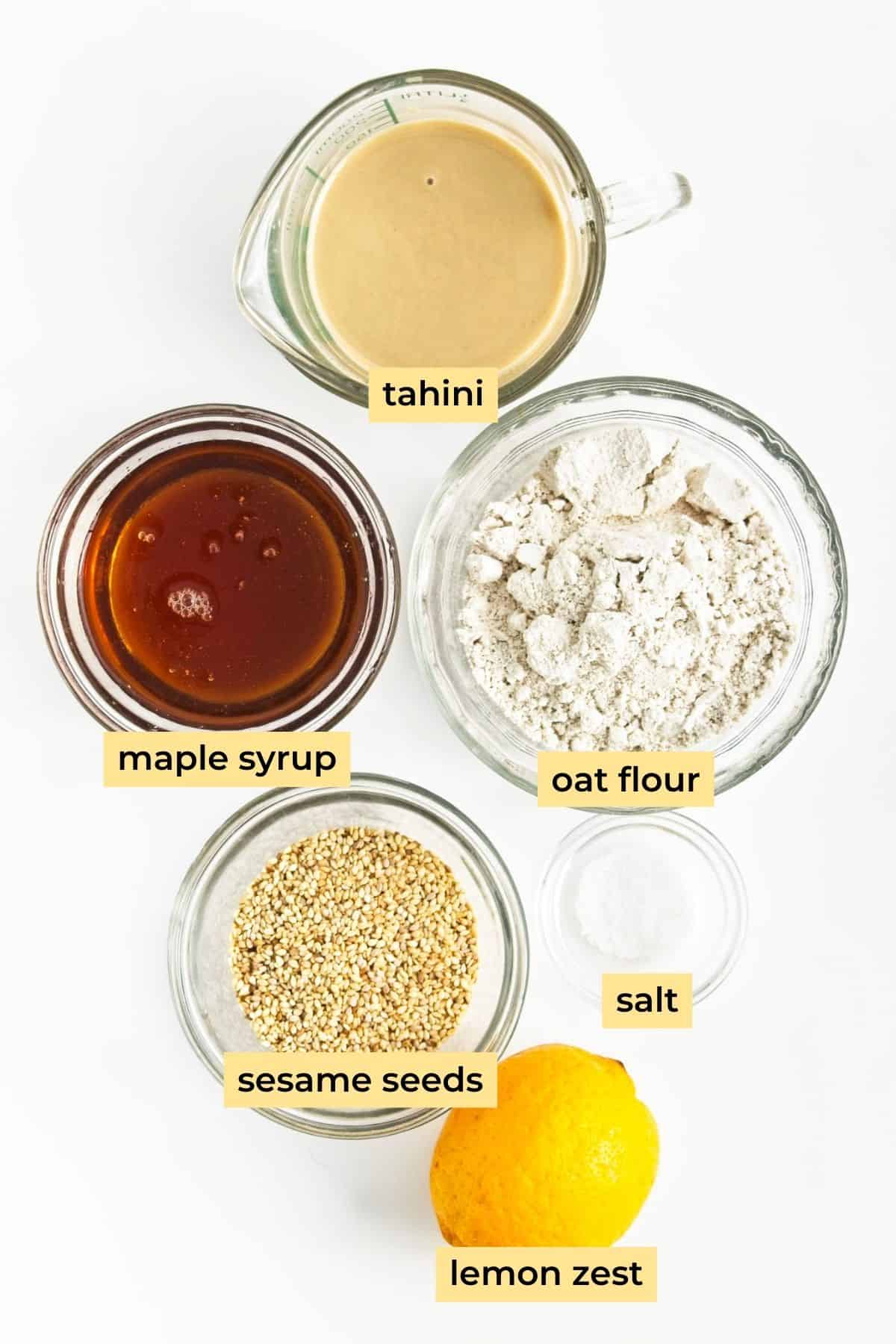Ingredients: tahini, maple syrup, oat flour, sesame seeds, salt and lemon zest.