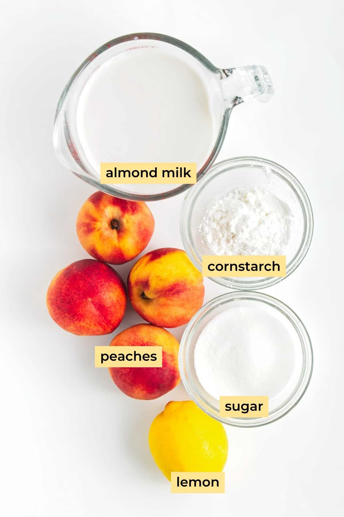 Ingredients: almond milk, peaches, cornstarch, sugar, lemon.