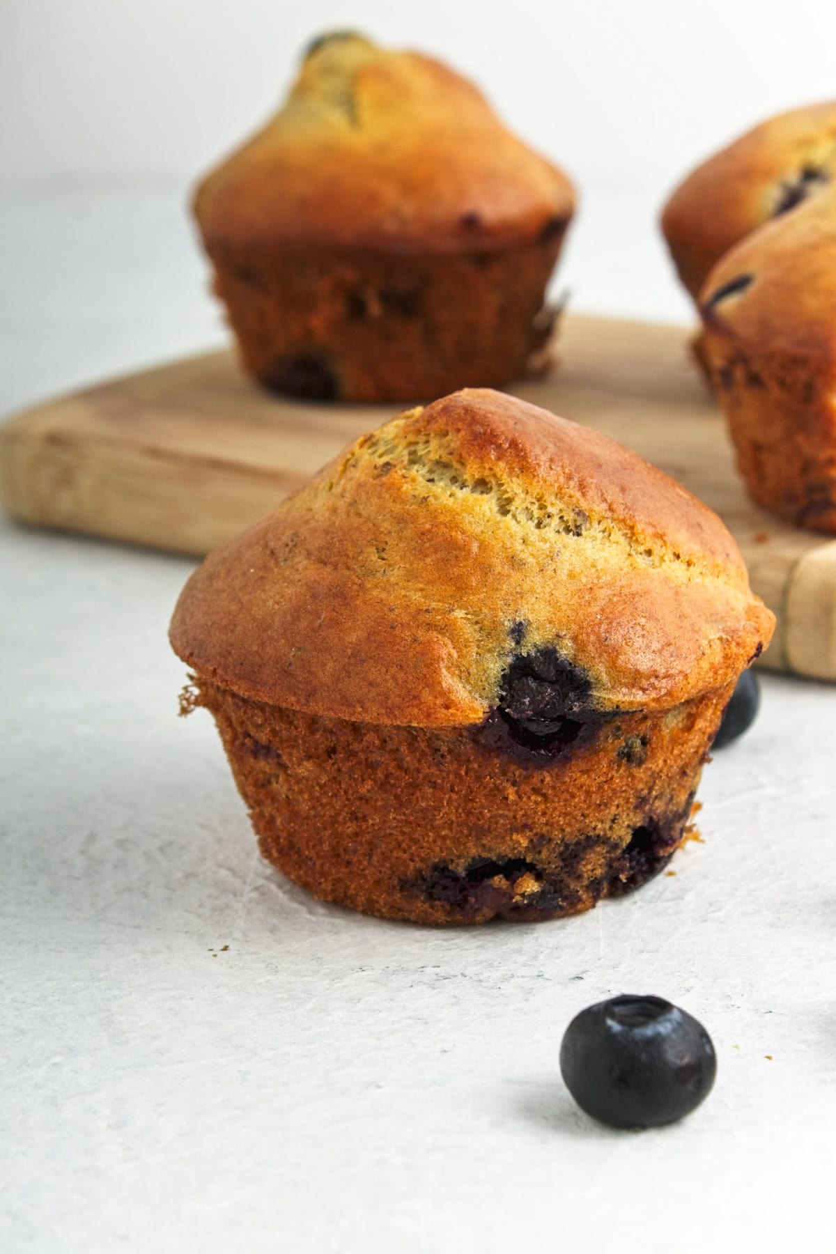 A golden brown muffin containing blueberries.