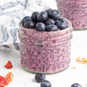 Blueberry chia pudding in a jar.