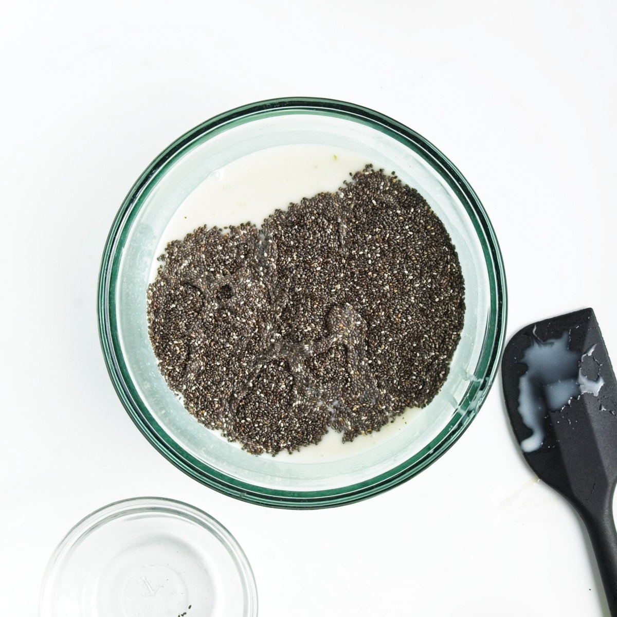 Mixing chia seeds with coconut milk in a mixing bowl.