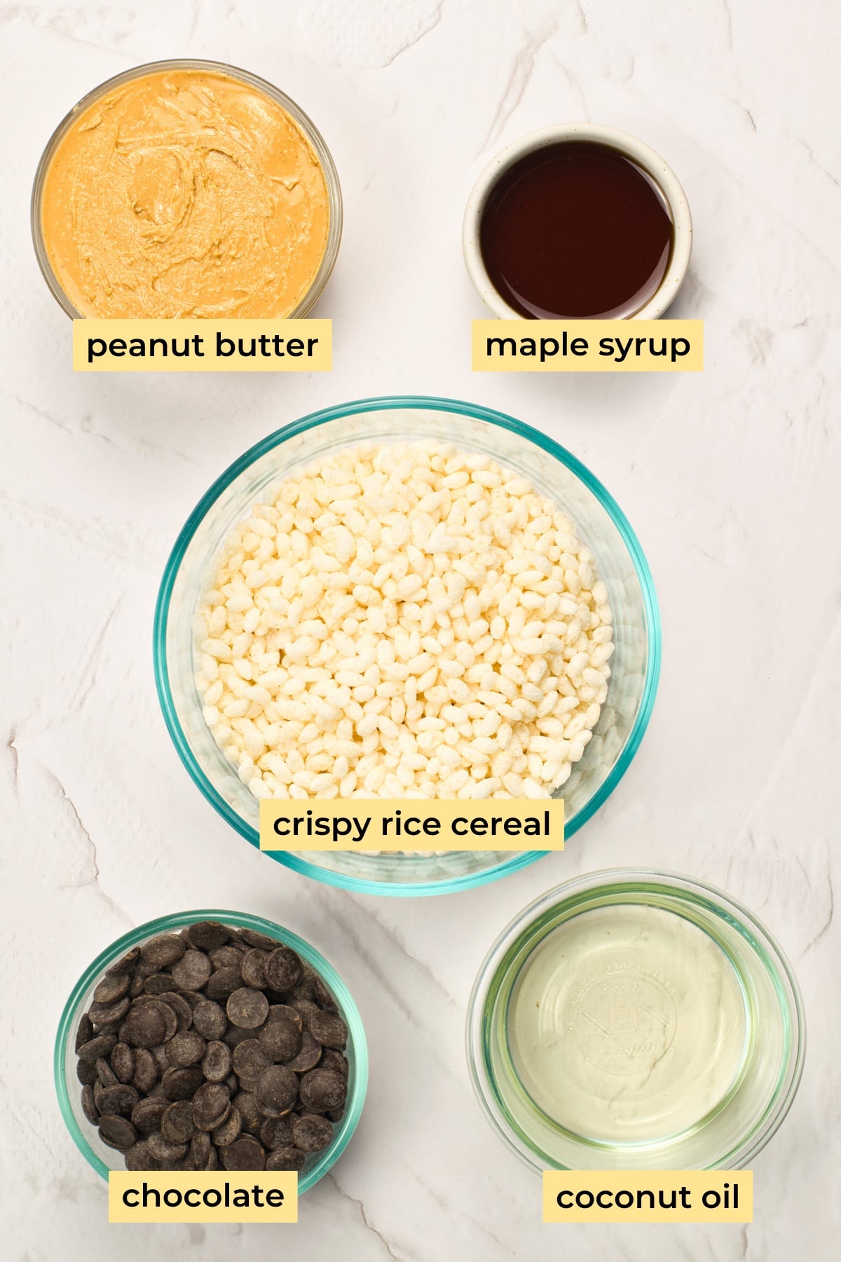 Ingredients: peanut butter, maple syrup, crispy rice cereal, chocolate and coconut oil.