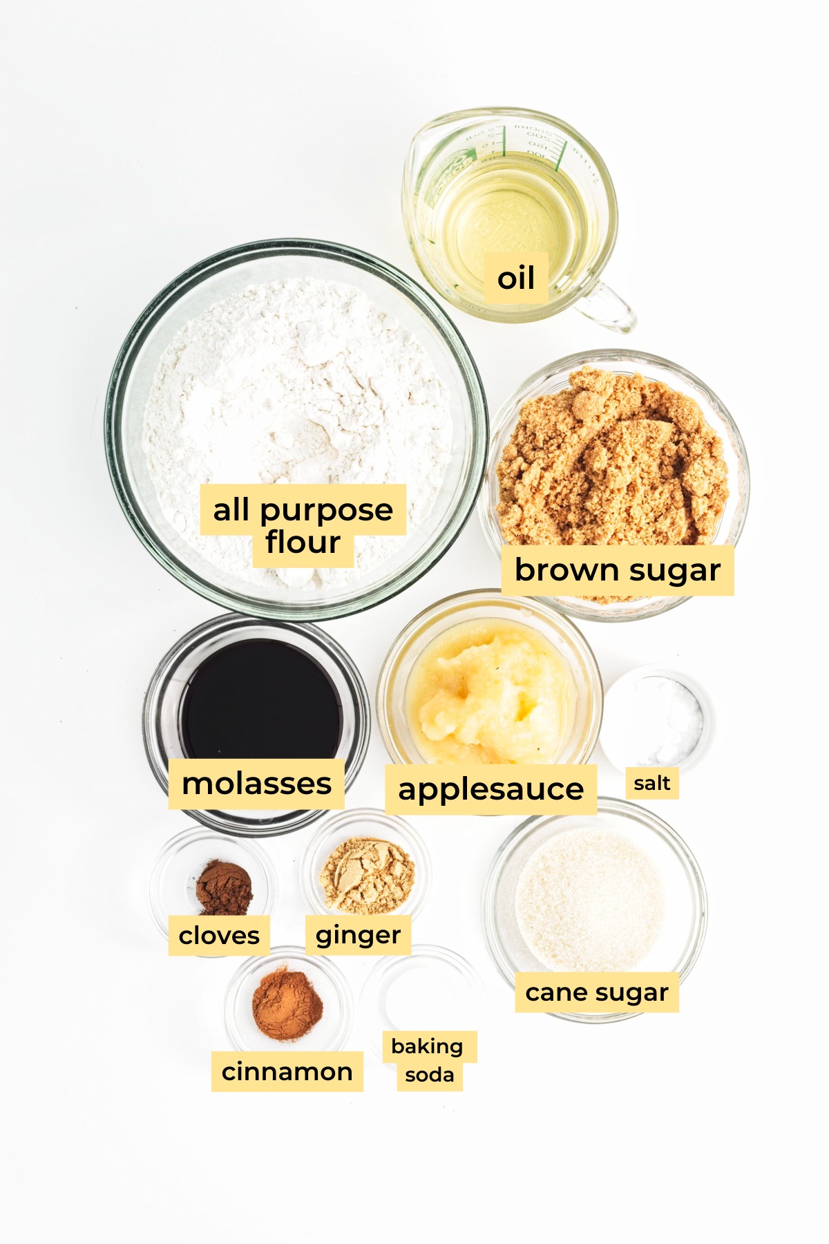 Ingredients: all purpose flour, oil, brown sugar, molasses, applesauce, salt, cloves, ginger, cinnamon, baking soda and cane sugar.